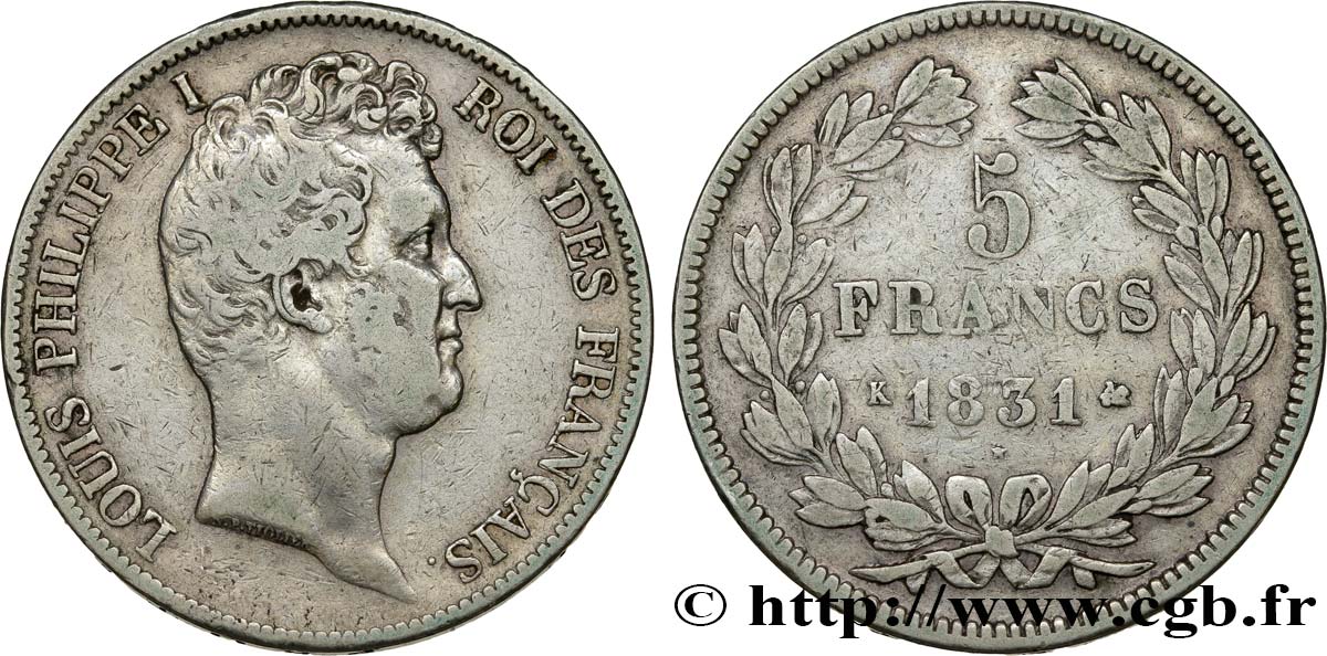 5 francs type Tiolier avec le I, tranche en creux 1831 Bordeaux F.317/1 VF30 