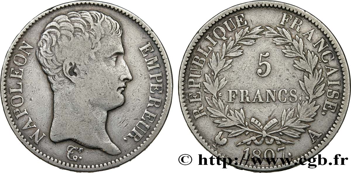 5 francs Napoléon empereur, type transitoire 1807 Paris F.305/1 VF38 
