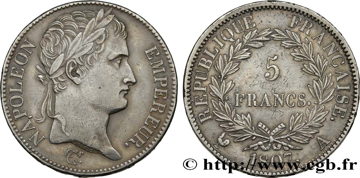 5 francs Napoléon Empereur, République française 1807 Paris F.306/1 SS48 