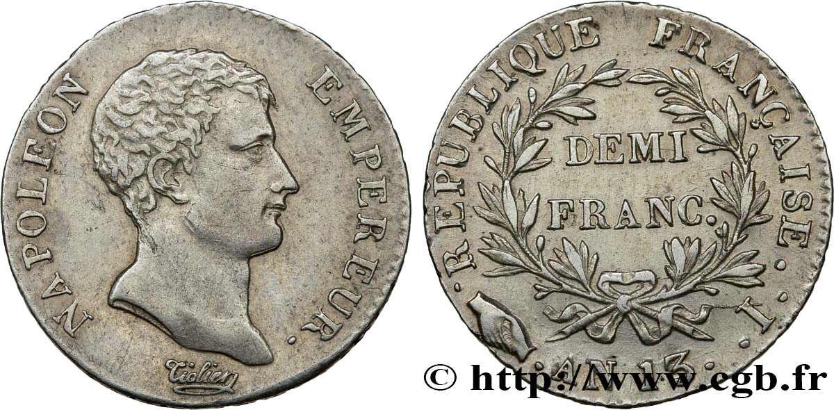 Demi-franc Napoléon Empereur, Calendrier révolutionnaire 1805 Limoges F.174/15 SPL55 