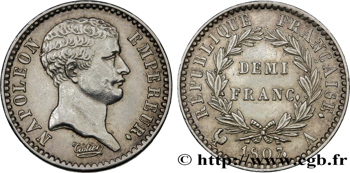 Demi-franc Napoléon Empereur, tête de nègre 1807 Paris F.176/1 VZ60 