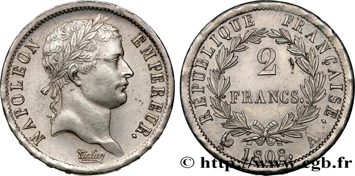 2 francs Napoléon Ier tête laurée, République française 1808 Paris F.254/4 SPL58 