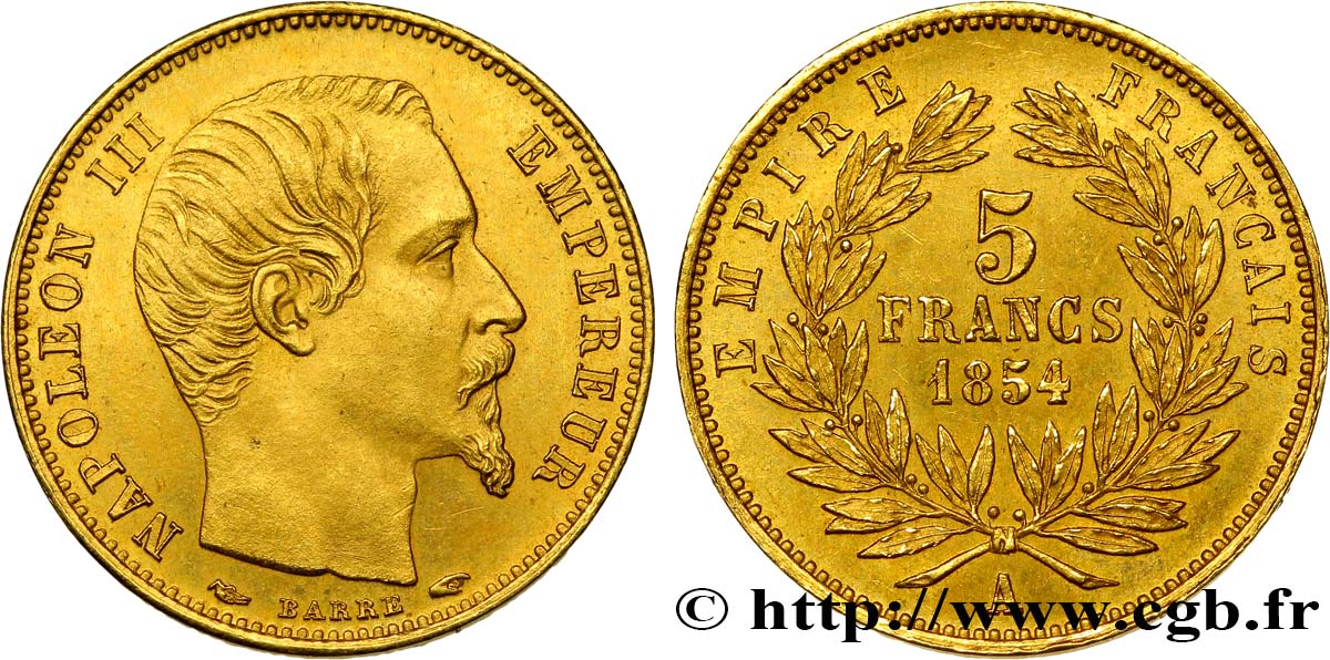 5 francs or Napoléon III, tête nue, petit module, tranche lisse 1854 Paris F.500/1 MS62 