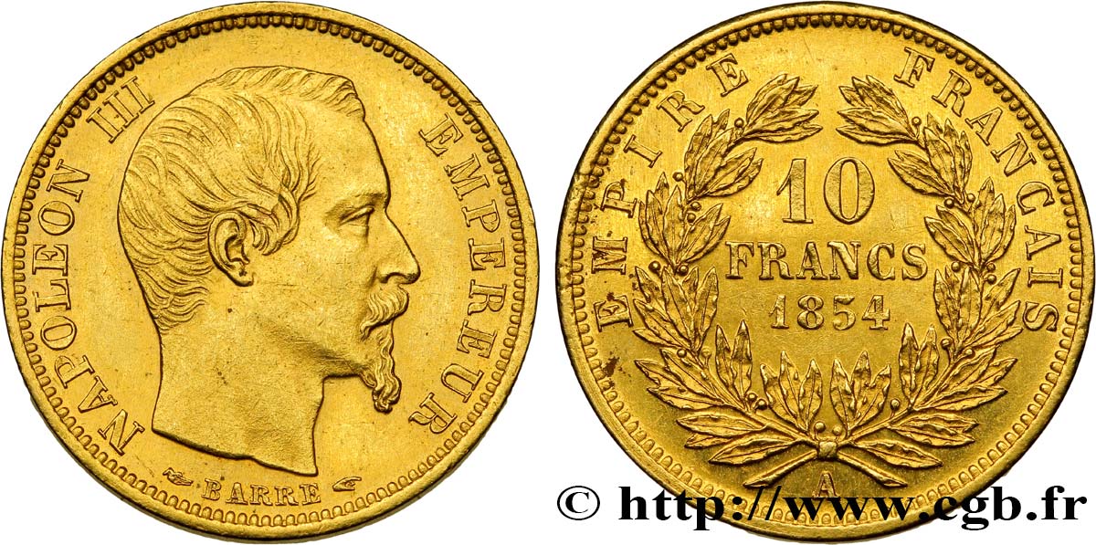 10 francs or Napoléon III, tête nue, petit module, tranche lisse 1854 Paris F.505/1 SPL58 