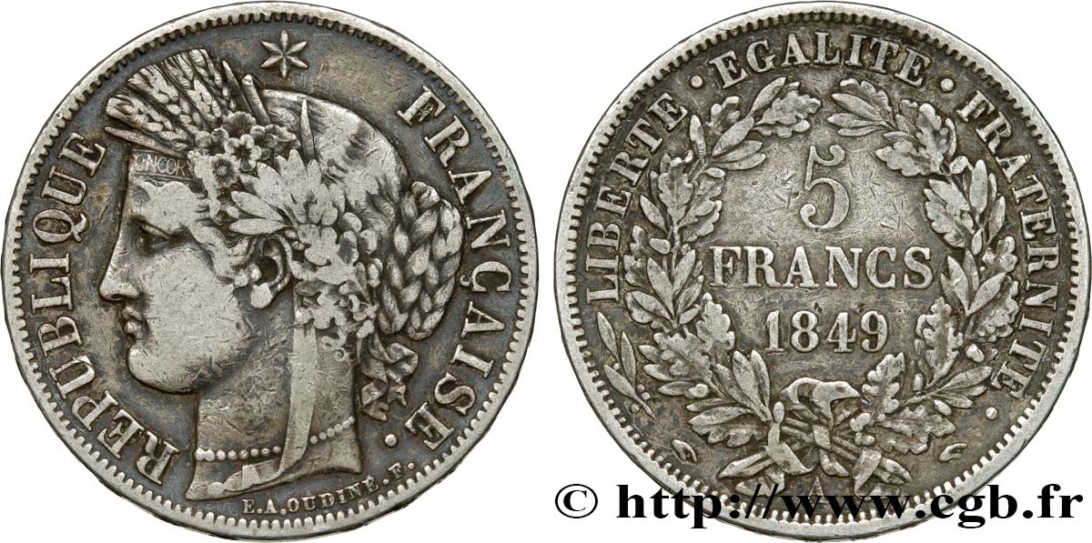 5 francs Cérès, IIe République, Main/Main 1849 Paris F.327/2 MB30 