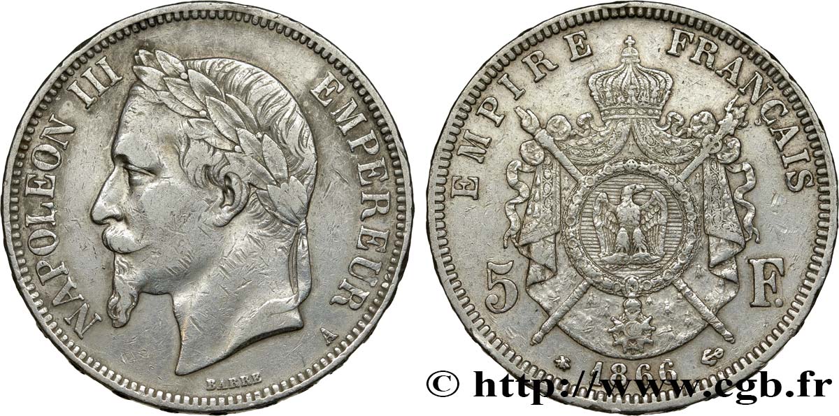 5 francs Napoléon III, tête laurée 1866 Paris F.331/9 VF35 