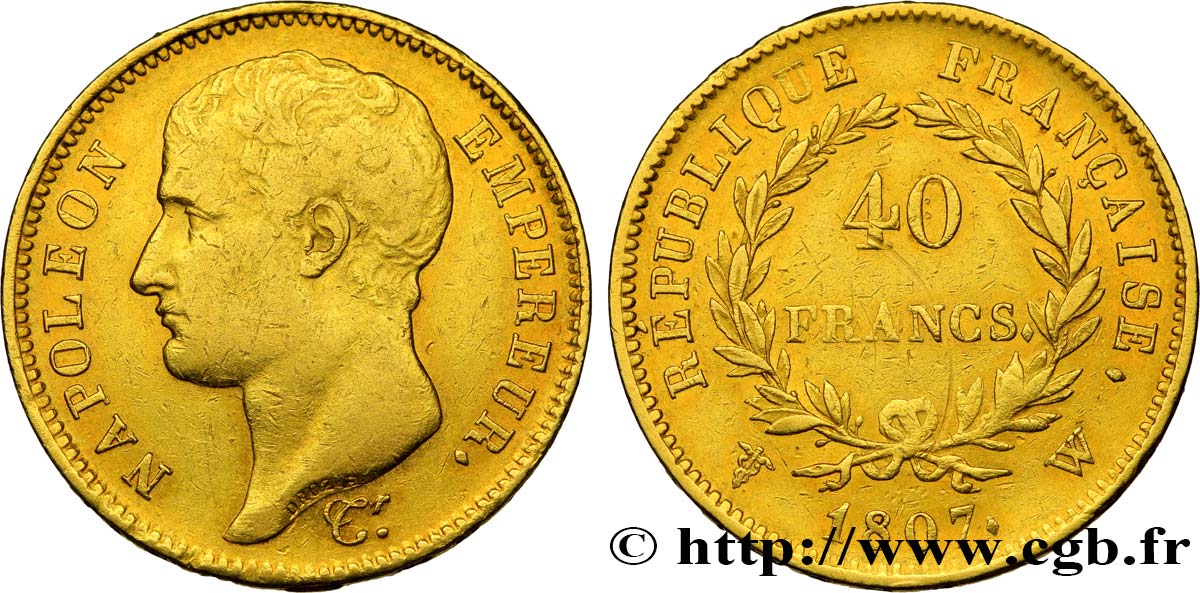 40 francs or Napoléon tête nue, type transitoire 1807 Lille F.539/5 MBC40 