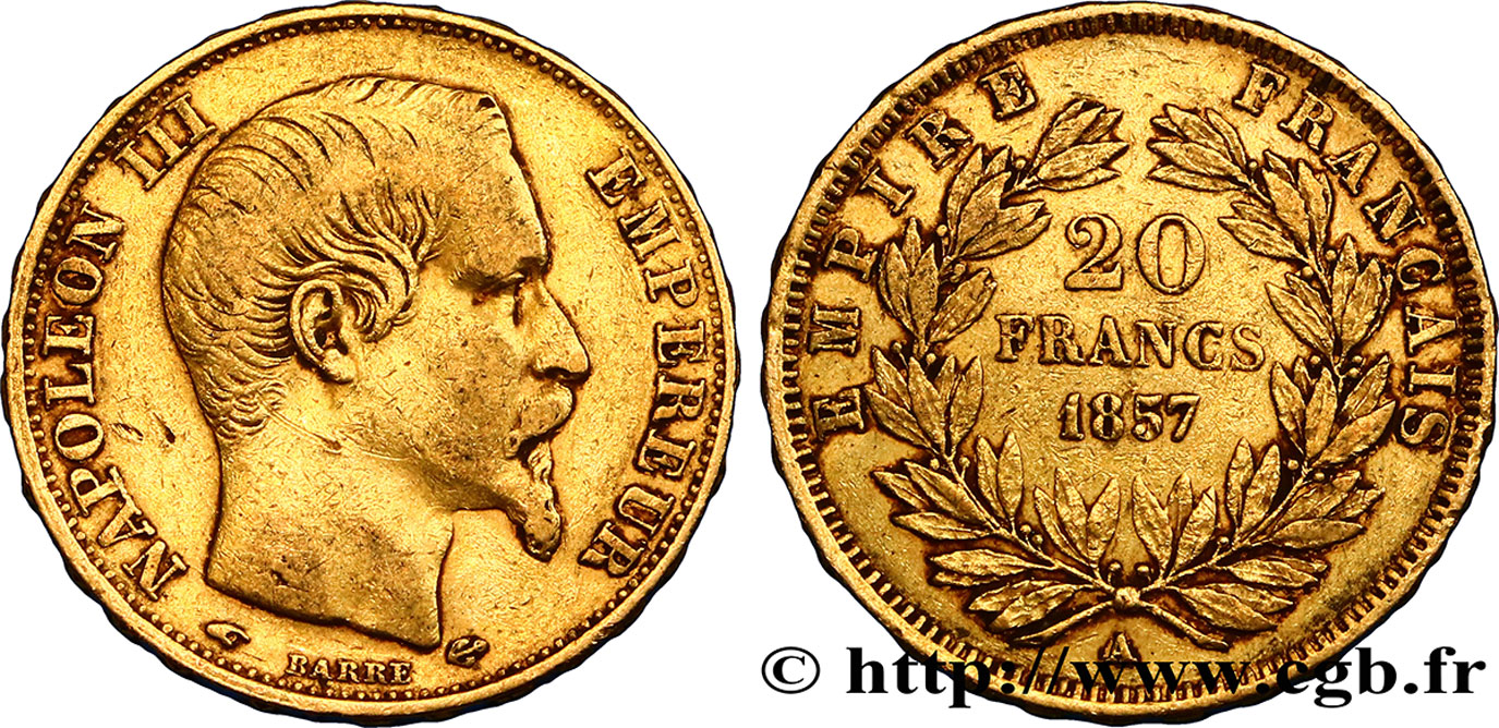 20 francs or Napoléon III, tête nue 1857 Paris F.531/12 VF35 