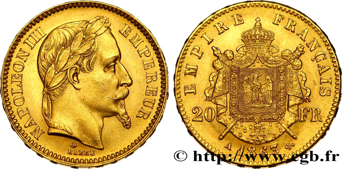 20 francs or Napoléon III, tête laurée 1863 Paris F.532/6 SPL60 