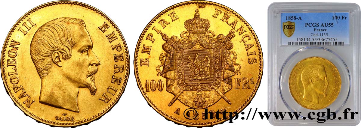 100 francs or Napoléon III, tête nue 1858 Paris F.550/5 AU55 PCGS