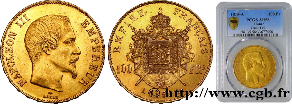 100 francs or Napoléon III, tête nue 1859 Paris F.550/7 VZ58 PCGS