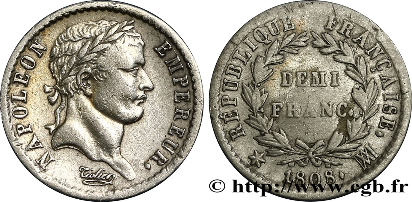 Demi-franc Napoléon Ier tête laurée, République française, buste fin 1808 Marseille F.177/12 TB35 