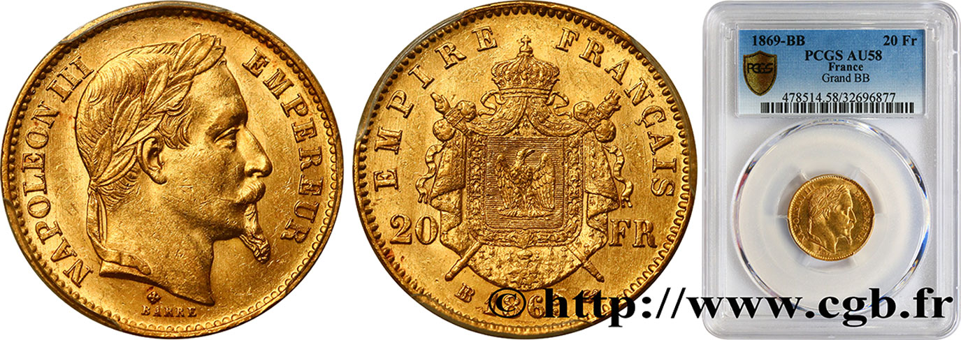 20 francs or Napoléon III, tête laurée, grand BB 1869 Strasbourg F.532/22 SPL58 PCGS