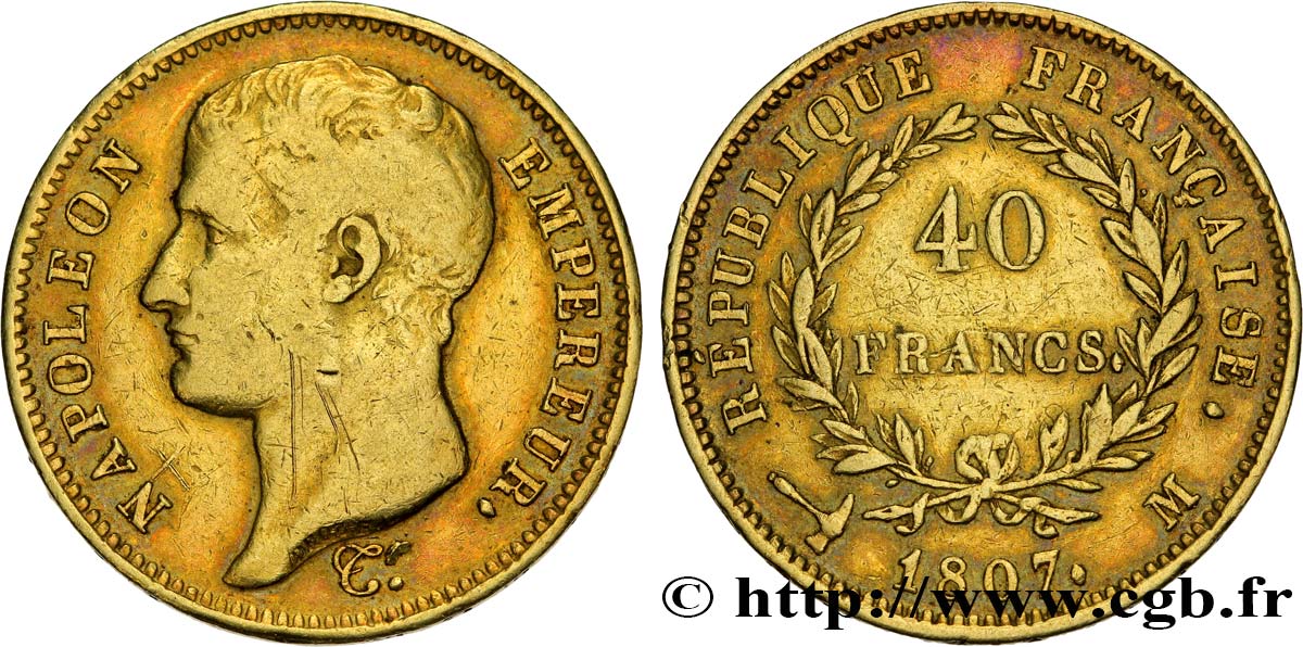 40 francs or Napoléon tête nue, type transitoire 1807 Toulouse F.539/3 S35 