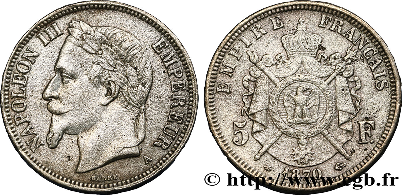 Faux de 5 francs Napoléon III, tête laurée 1870 Paris F.331/16 var. XF 