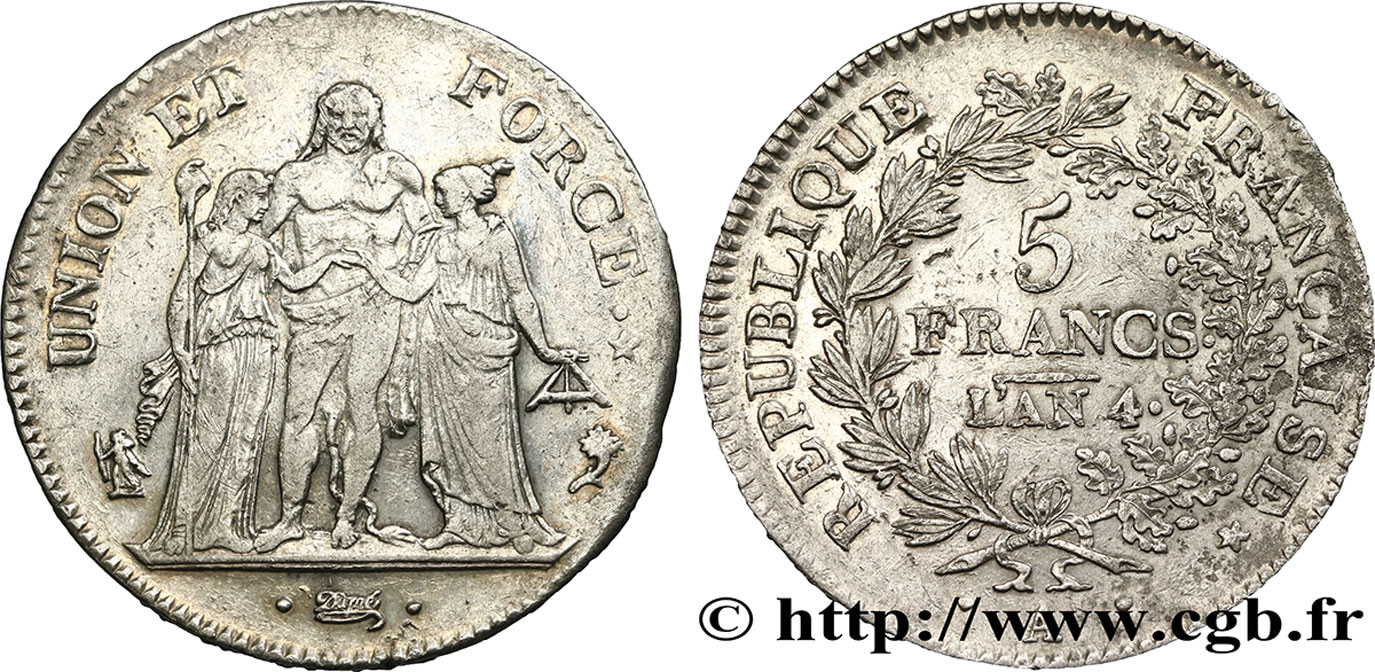 5 francs Union et Force, Union serré, avec glands intérieurs et gland extérieur 1796 Paris F.288/1 TTB40 
