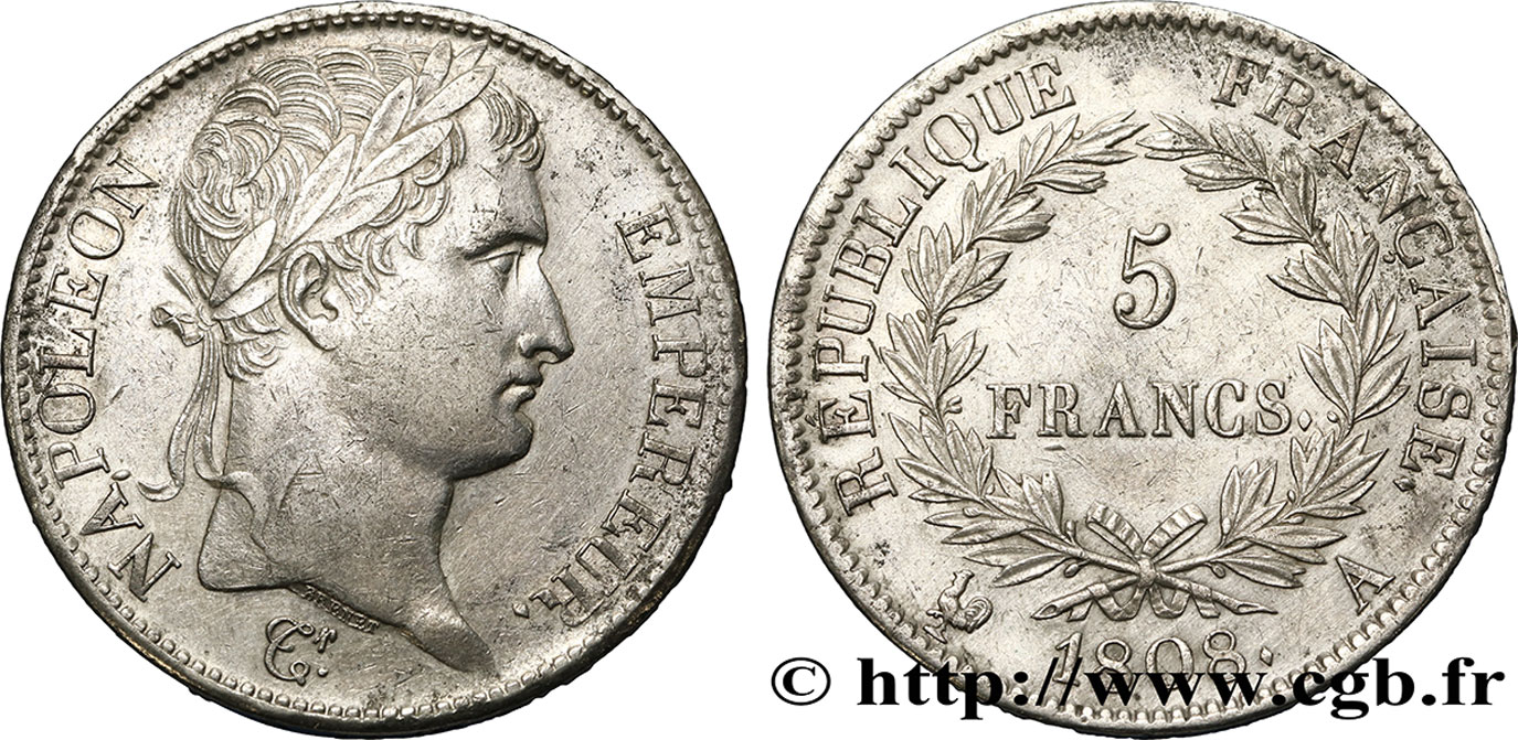 5 francs Napoléon Empereur, République française 1808 Paris F.306/2 TTB50 