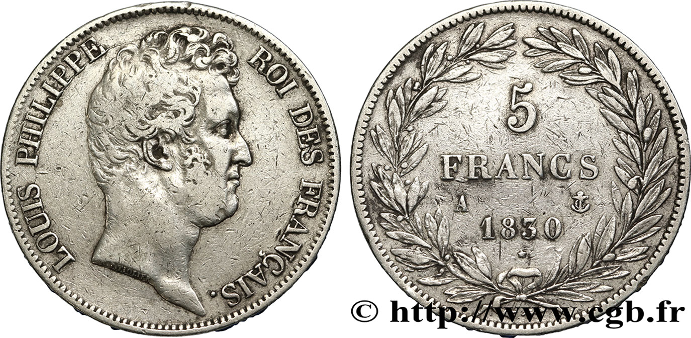 5 francs type Tiolier sans le I, tranche en creux 1830 Paris F.313/1 TB35 