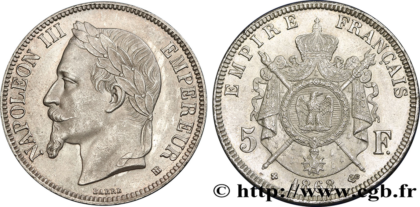 5 francs Napoléon III, tête laurée 1868 Strasbourg F.331/13 SPL63 
