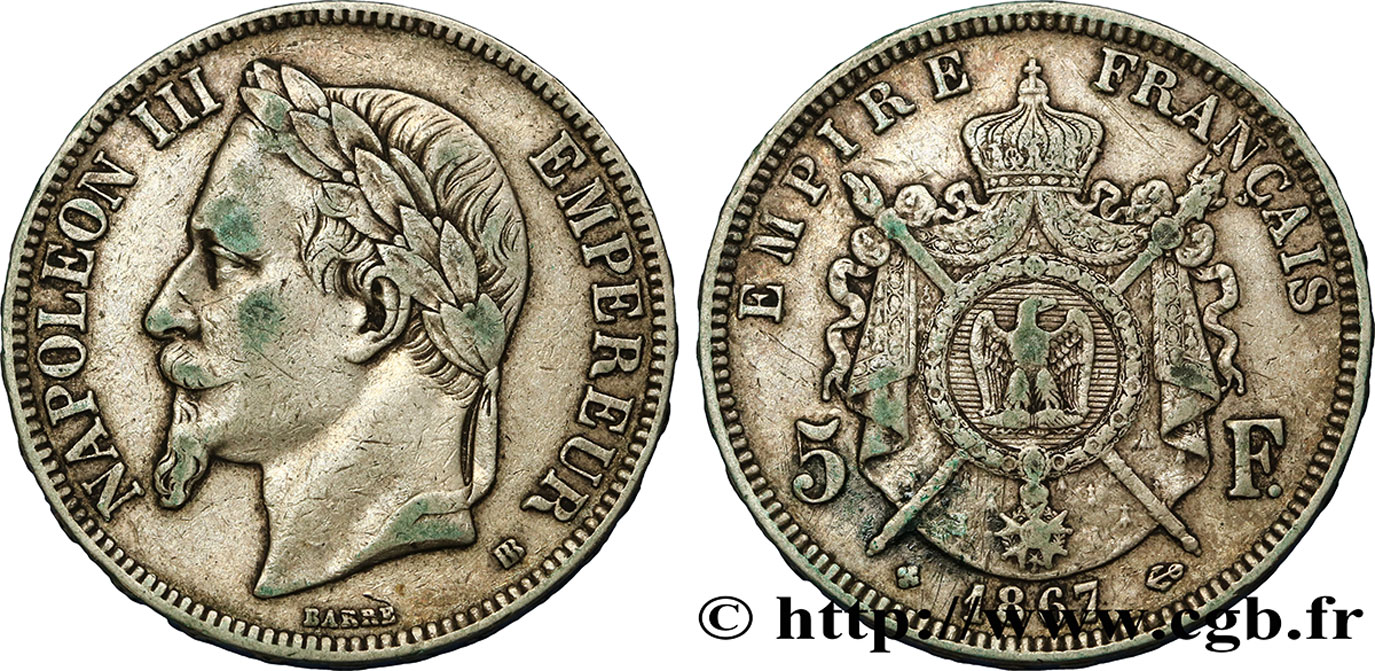 5 francs Napoléon III, tête laurée 1867 Strasbourg F.331/11 TB35