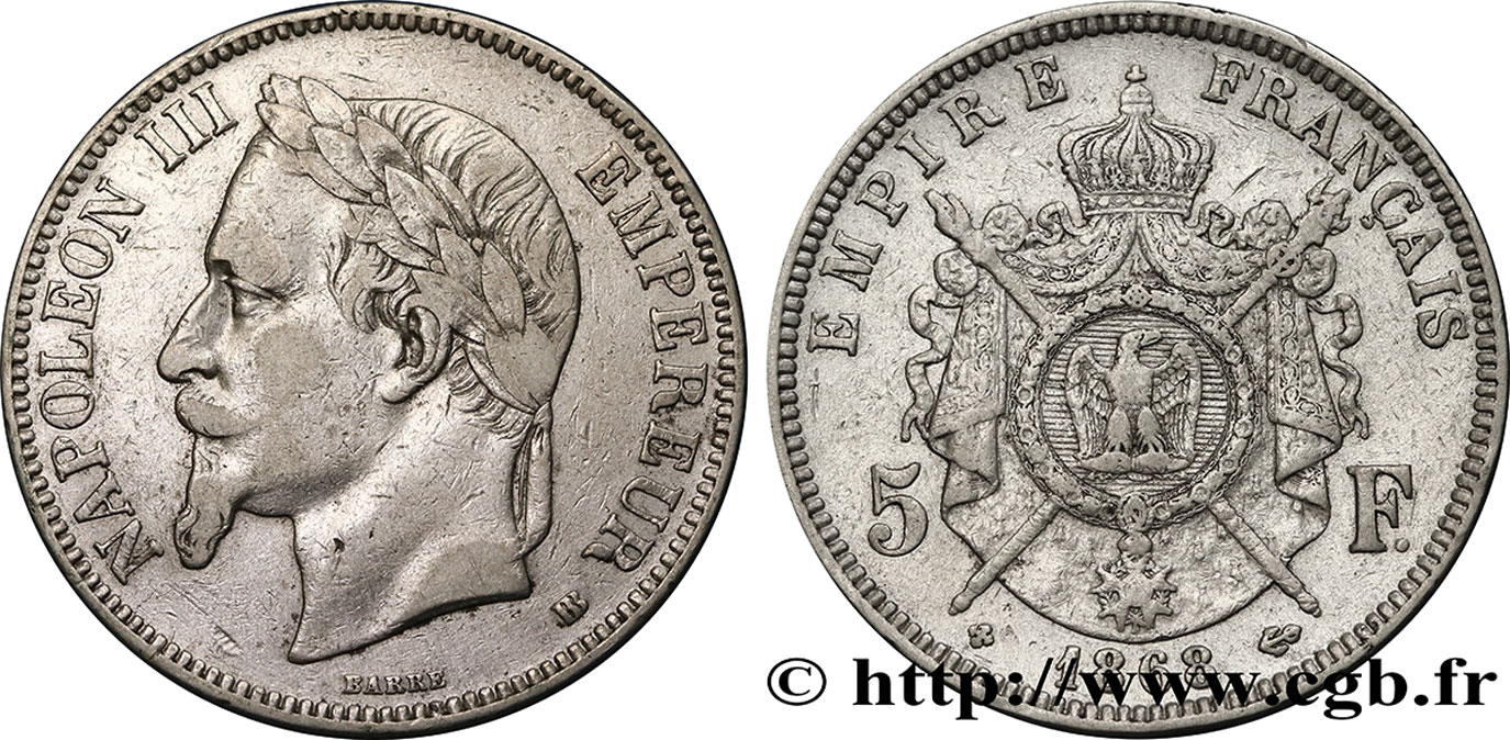 5 francs Napoléon III, tête laurée 1868 Strasbourg F.331/13 TB30 