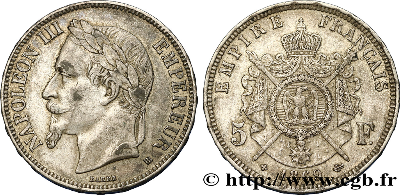 5 francs Napoléon III, tête laurée 1869 Strasbourg F.331/15 TTB50