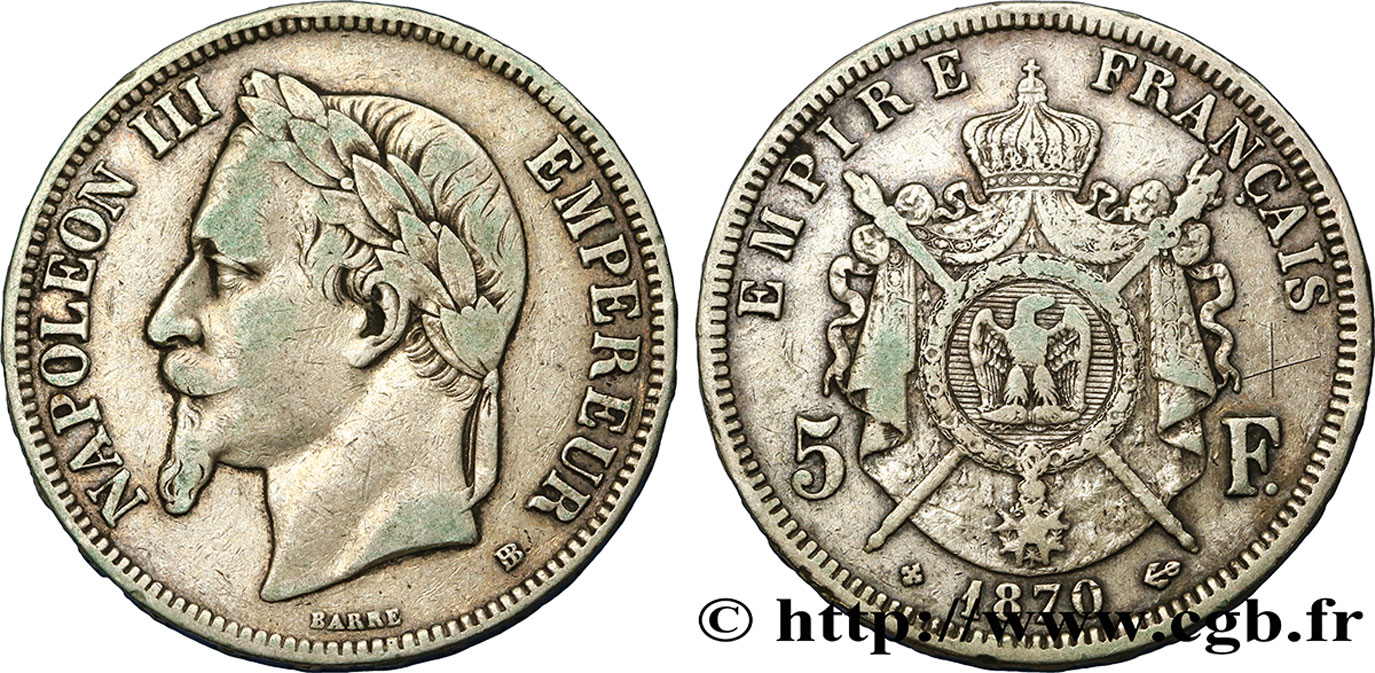 5 francs Napoléon III, tête laurée 1870 Strasbourg F.331/17 TB30