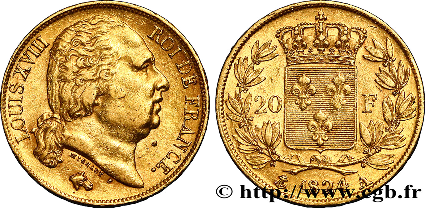 20 francs or Louis XVIII, tête nue 1824 Paris F.519/31 BB48 