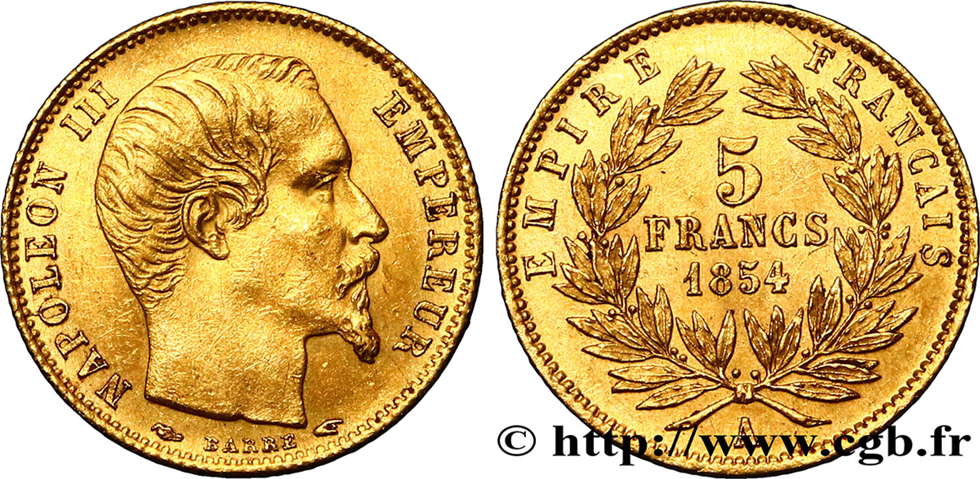 5 francs or Napoléon III, tête nue, petit module, tranche cannelée 1854 Paris F.500A/1 TTB52 