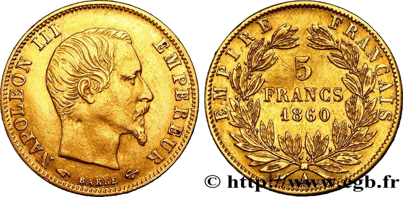 5 francs or Napoléon III, tête nue, grand module 1860 Paris F.501/10 TTB50 