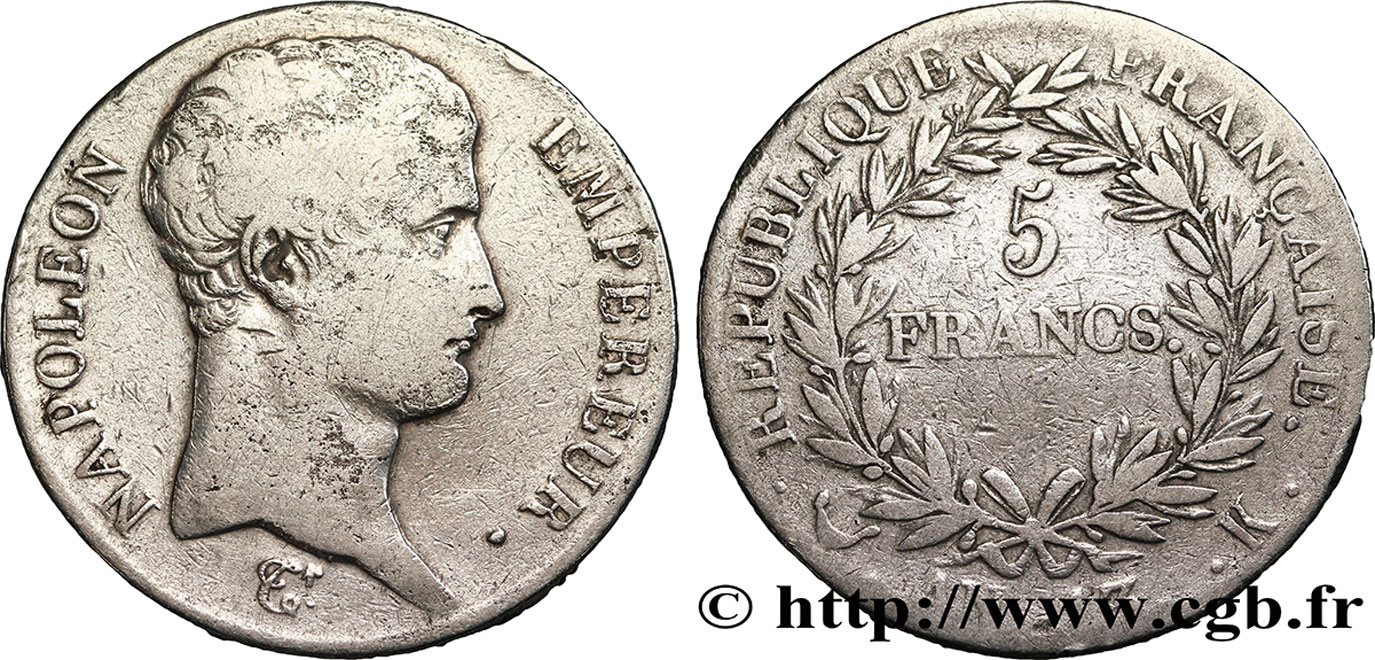 5 francs Napoléon Empereur, Calendrier révolutionnaire 1805 Bordeaux F.303/10 TB25 