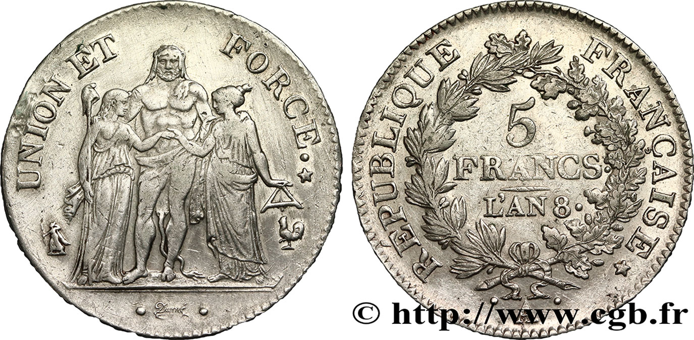 5 francs Union et Force, Union serré, avec glands intérieurs et gland extérieur 1800 Paris F.288/126 TTB42 