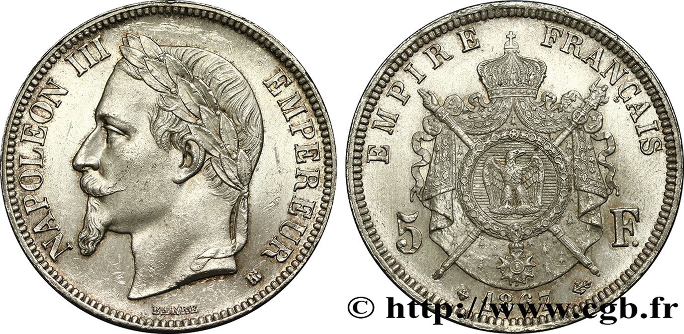 5 francs Napoléon III, tête laurée 1867 Strasbourg F.331/11 TTB52 