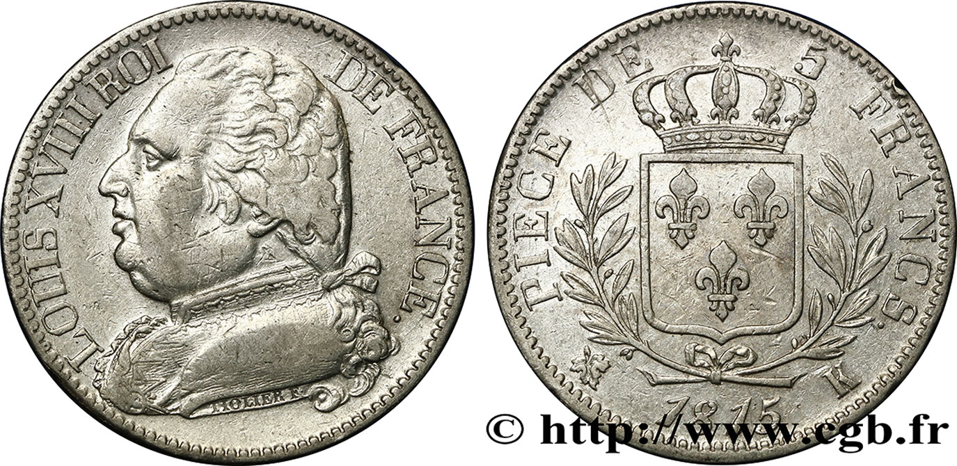 5 francs Louis XVIII, buste habillé 1815 Bordeaux F.308/22 XF40 