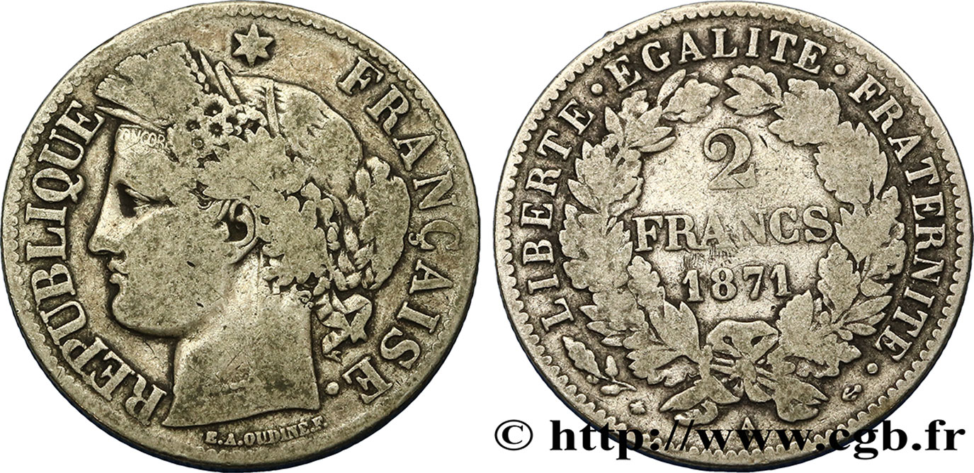 2 francs Cérès, avec légende 1871 Paris F.265/3 TB25