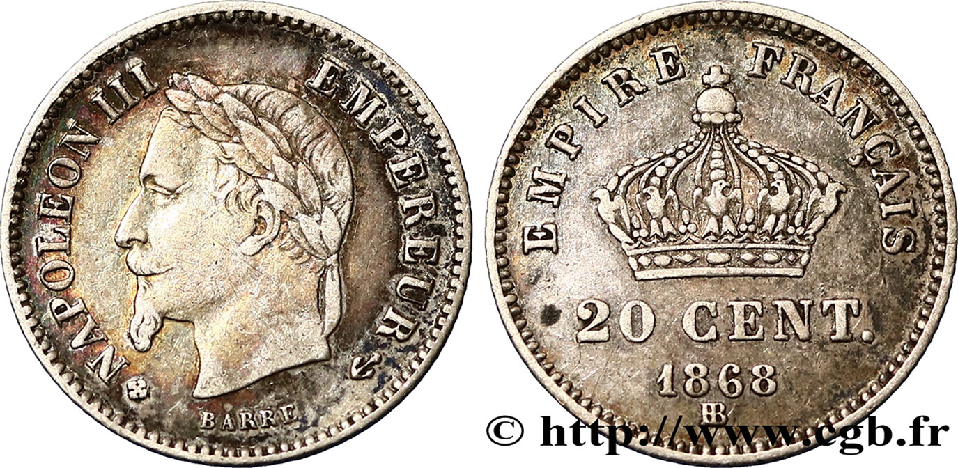 20 centimes Napoléon III, tête laurée, grand module 1868 Strasbourg F.150/5 XF48