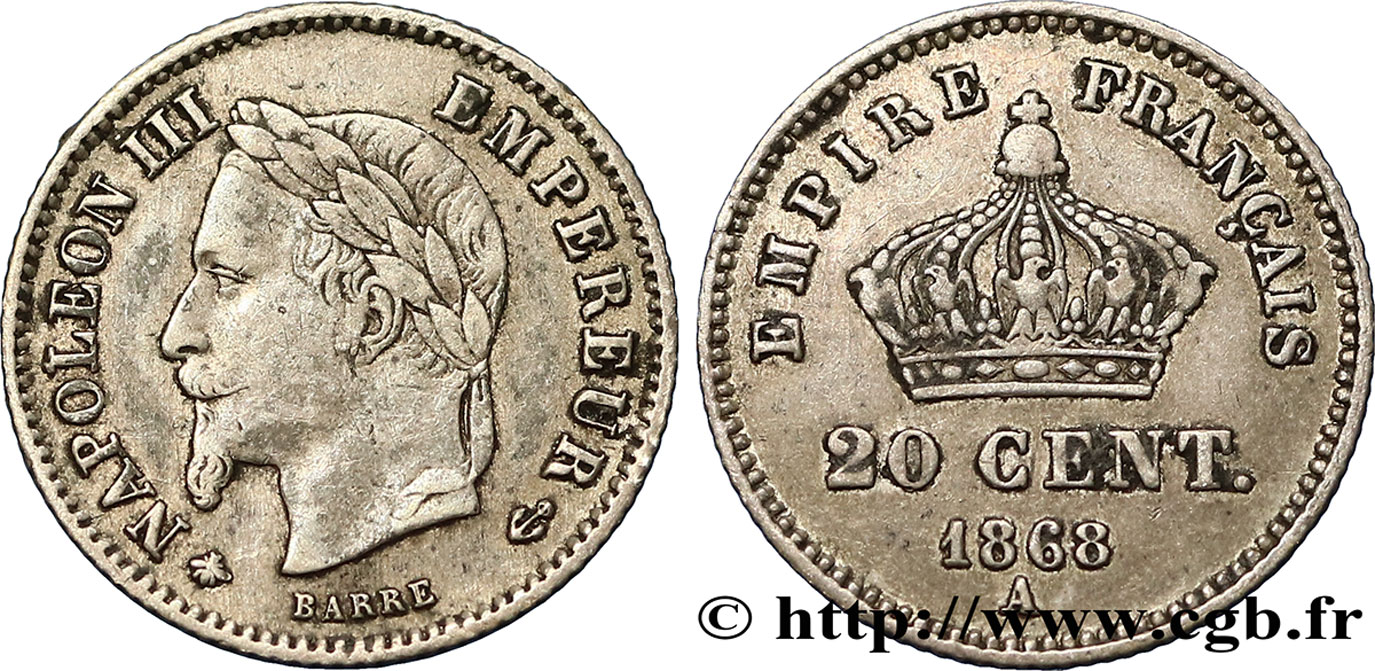 20 centimes Napoléon III, tête laurée, grand module 1868 Paris F.150/4 VF25