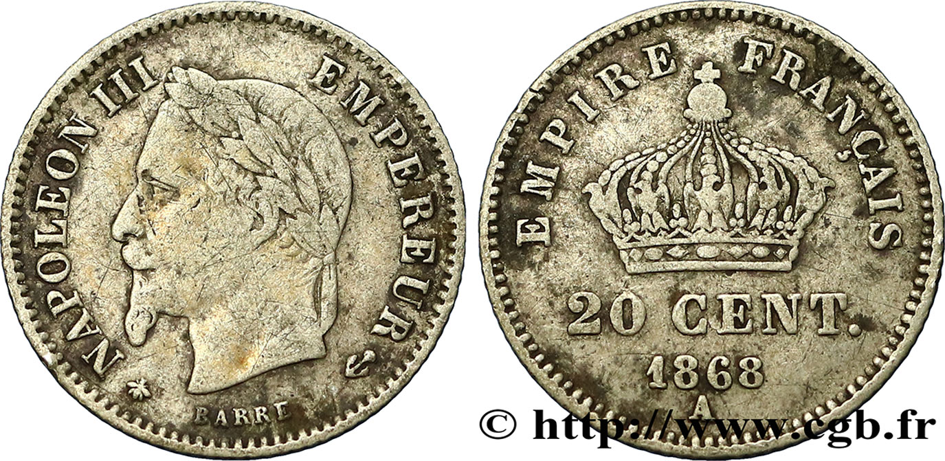 20 centimes Napoléon III, tête laurée, grand module 1868 Paris F.150/4 VF20 