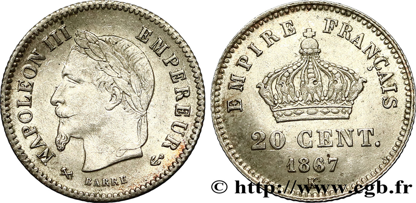 20 centimes Napoléon III, tête laurée, grand module 1867 Bordeaux F.150/3 MBC50 