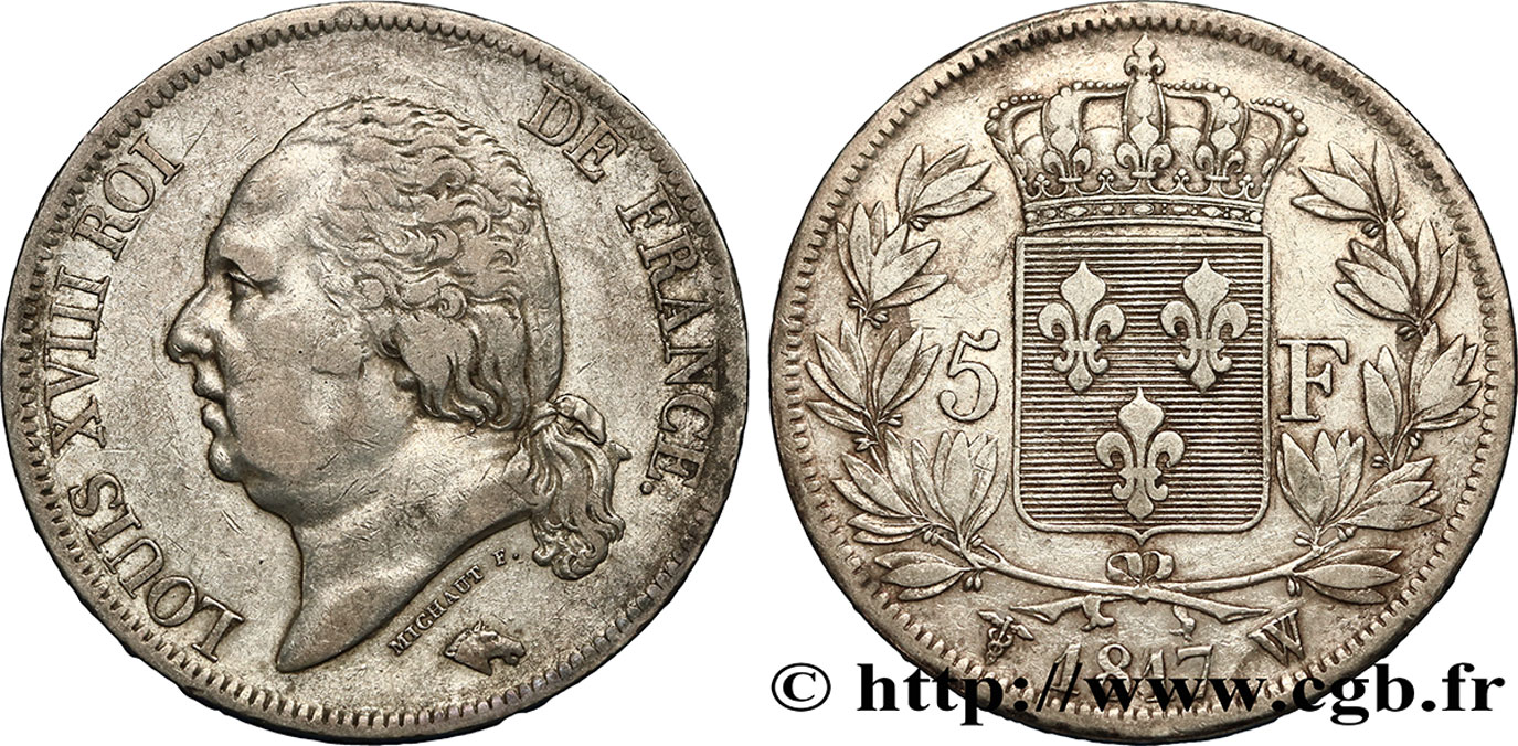 5 francs Louis XVIII, tête nue 1817 Lille F.309/27 XF 