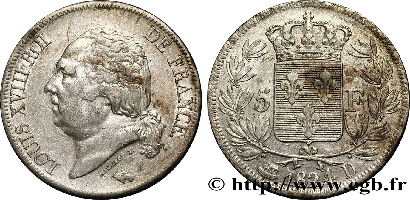 5 francs Louis XVIII, tête nue 1824 Lyon F.309/90 TTB48 