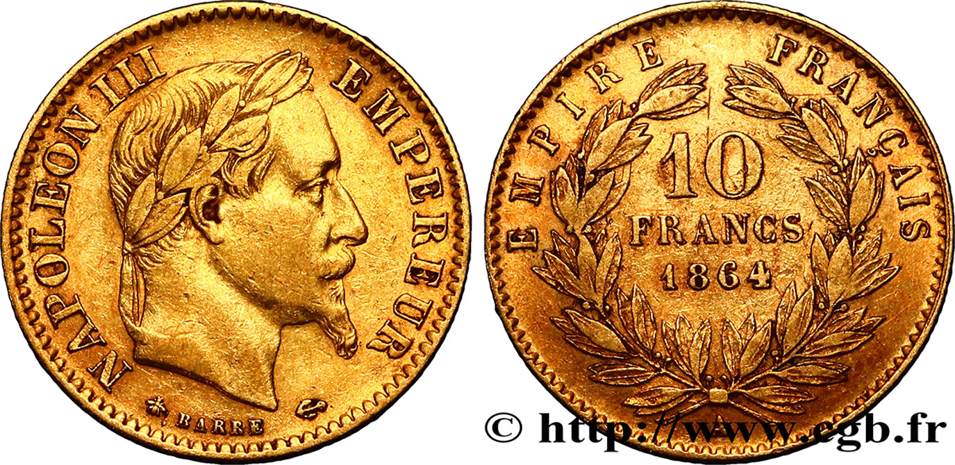 10 francs or Napoléon III, tête laurée, type définitif à grand 10 1864 Paris F.507A/6 TB35