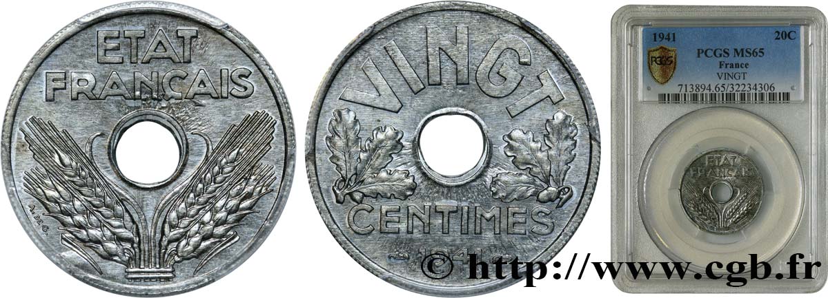 VINGT centimes État français 1941  F.152/2 FDC65 PCGS