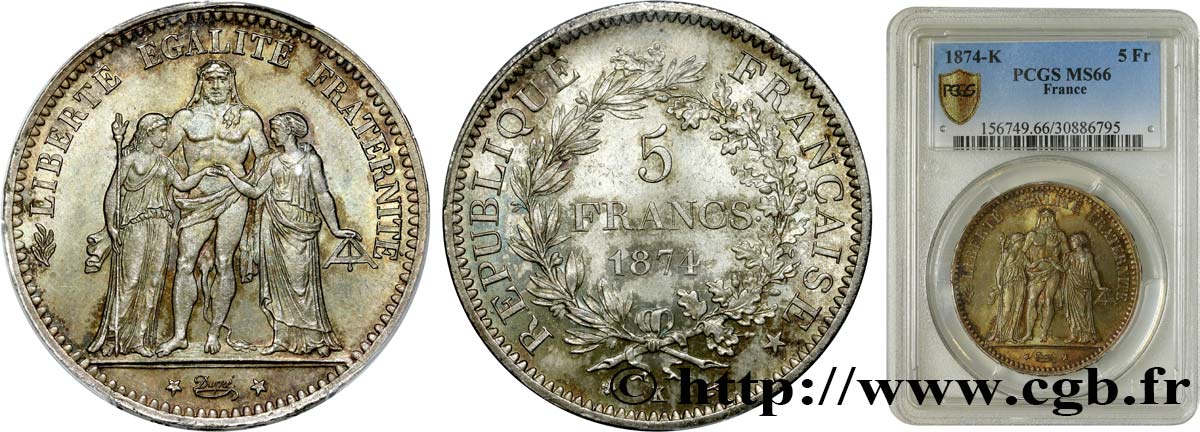 5 francs Hercule 1874 Bordeaux F.334/13 FDC66 PCGS