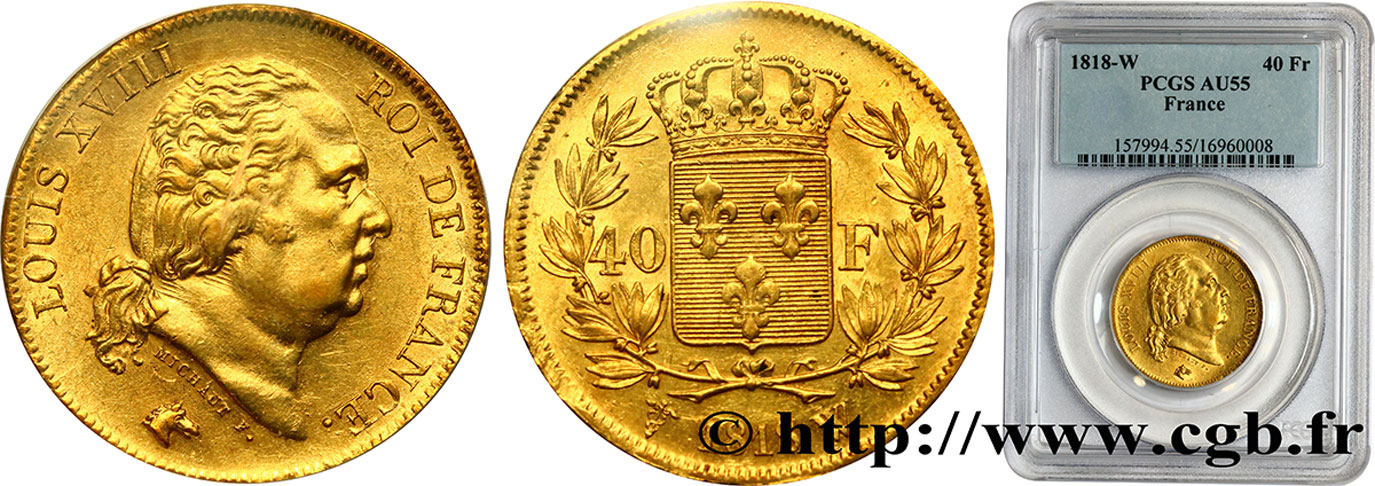 40 francs or Louis XVIII 1818 Lille F.542/8 AU55 PCGS