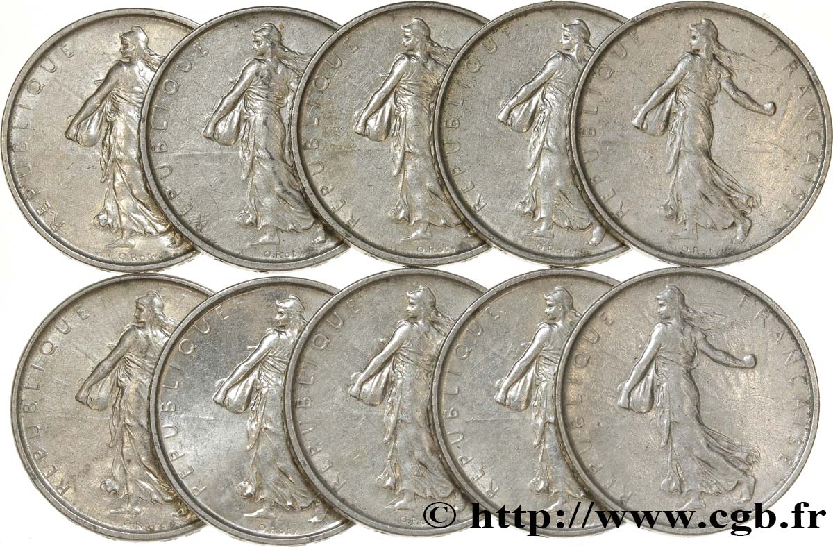 Lot de 10 pièces de 5 francs Semeuse, argent n.d. Paris F.340/8 XF