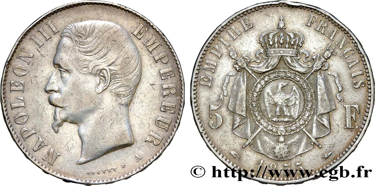 5 francs Napoléon III, tête nue, main-chien 1855 Paris F.330/2 VF35 