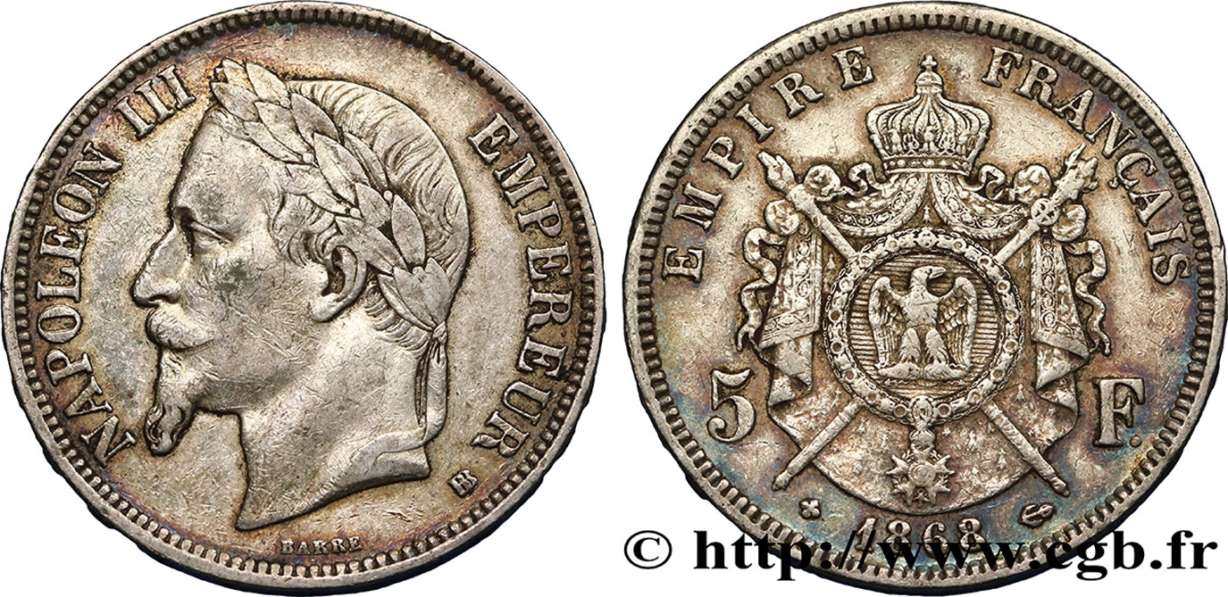 5 francs Napoléon III, tête laurée 1868 Strasbourg F.331/13 VF30