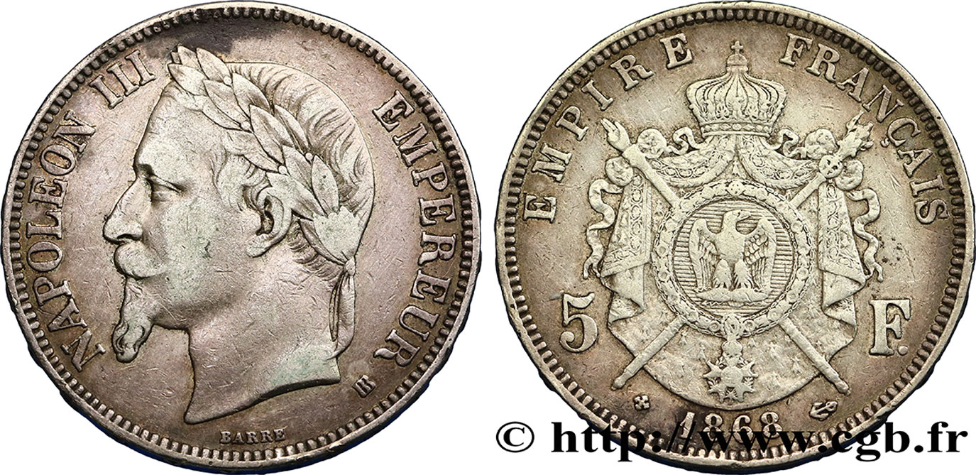 5 francs Napoléon III, tête laurée 1868 Strasbourg F.331/13 VF30 
