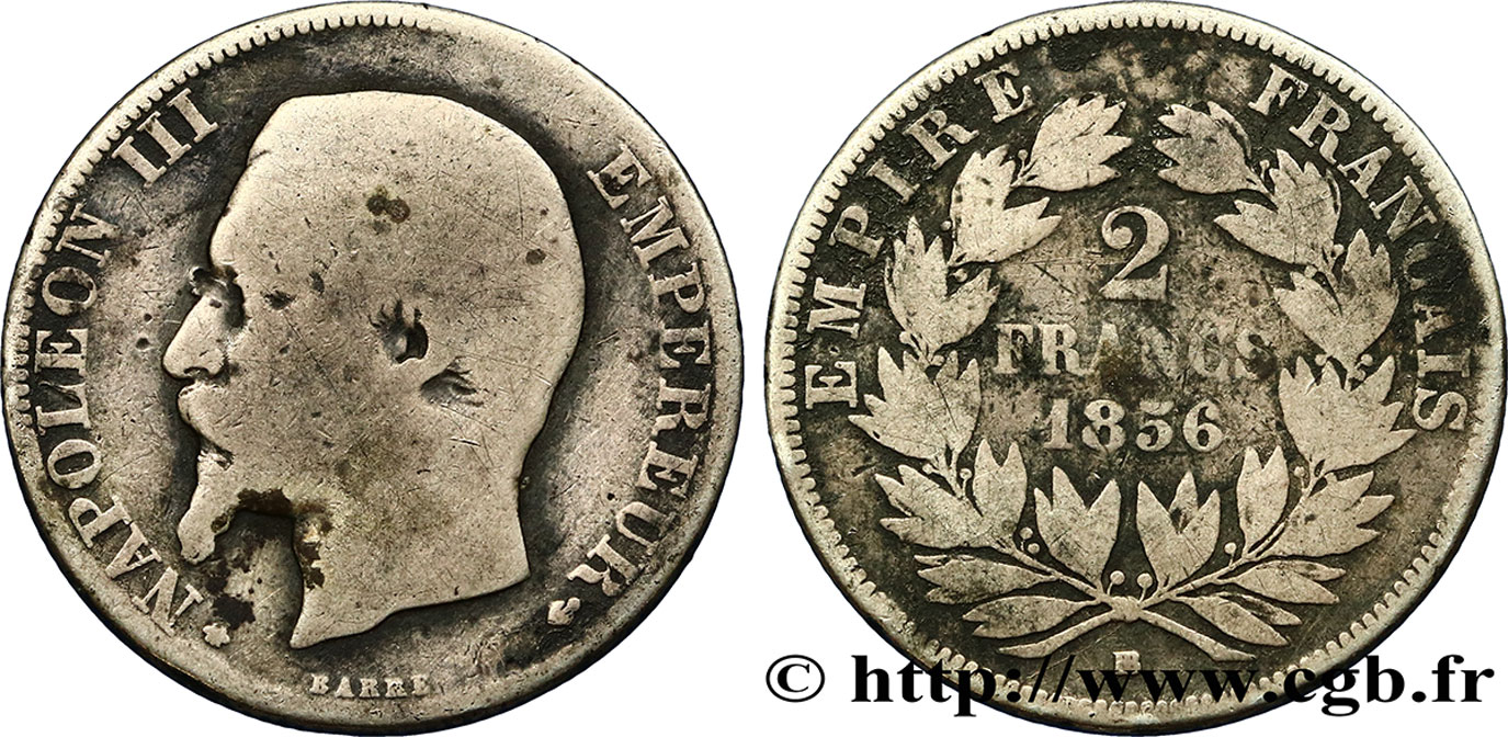 2 francs Napoléon III, tête nue, petit BB 1856 Strasbourg F.262/7 B12 